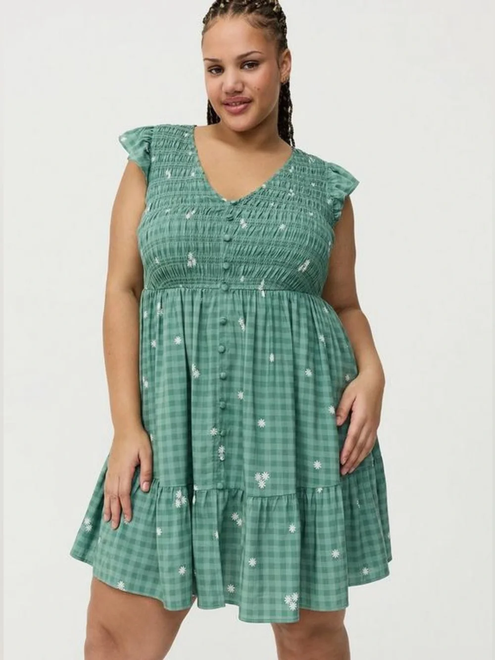 TORRID Smocked Bodice Mini Dress - - Good Day Daisies Green - Picture 2 of 6
